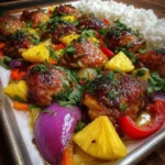 Cooked Hawaiian Chicken Sheet Pan dinner served over rice with cilantro garnish