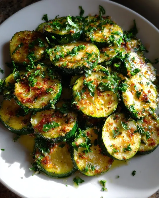 Garnished roasted zucchini squash served in white bowl
