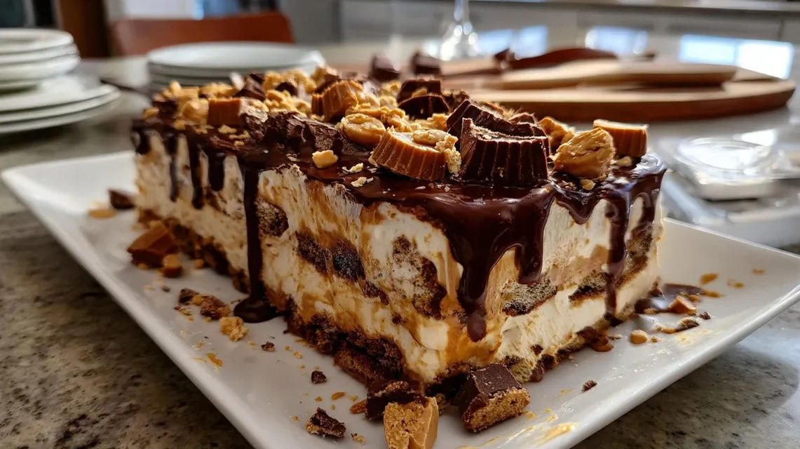 A spatula spreading creamy peanut butter filling over a layer of chocolate wafer cookies in a glass baking dish.