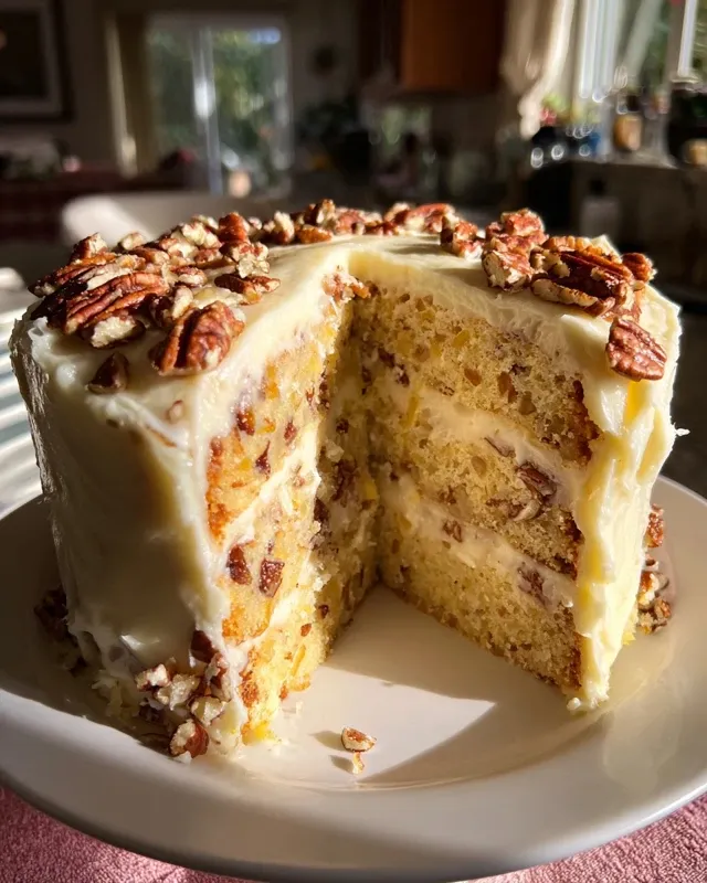 A mixing bowl containing cake batter with crushed pineapple and chopped pecans being folded in with a spatula.