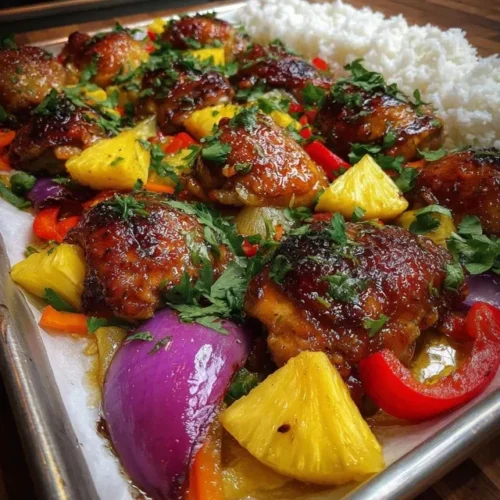 Cooked Hawaiian Chicken Sheet Pan dinner served over rice with cilantro garnish