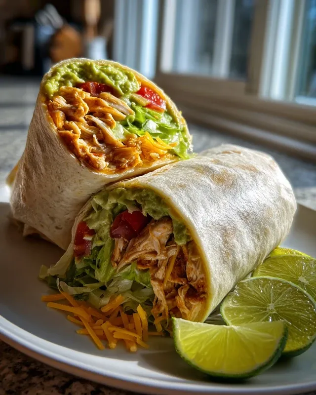 Two finished Chicken Avocado Ranch Burritos sliced in half to show the filling, served on a white plate with lime wedges.