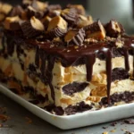 The ingredients for the icebox cake, including peanut butter, cream, and cookies, arranged on a countertop.