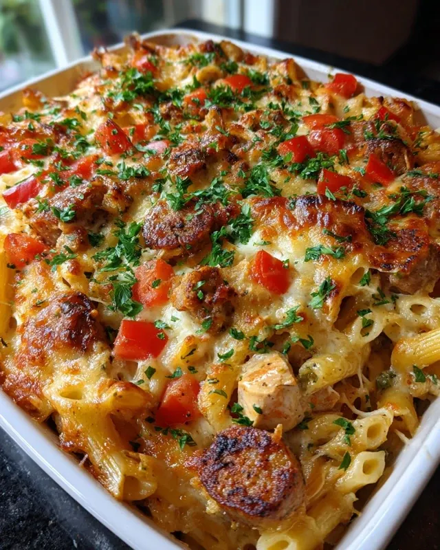 A large skillet with sliced Cajun sausage, chopped onions, and bell peppers being sautéed.