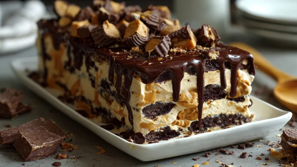 The ingredients for the icebox cake, including peanut butter, cream, and cookies, arranged on a countertop.