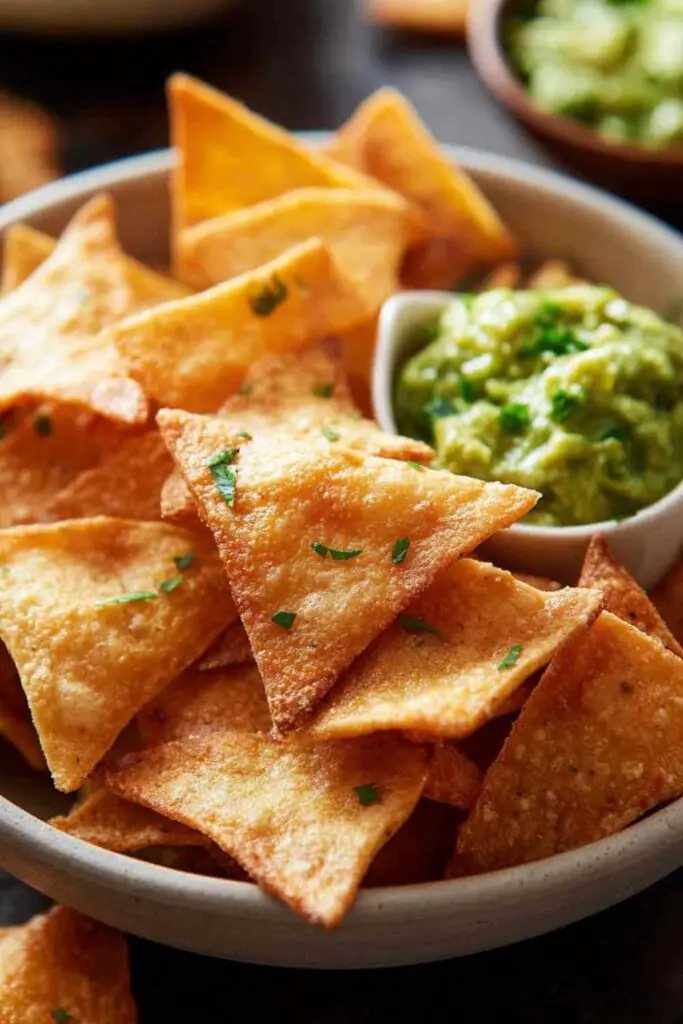 Golden brown easy keto tortilla chips arranged on white plate with guacamole dip