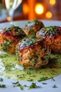 Salmon balls with creamy avocado sauce served on white plate with fresh herbs