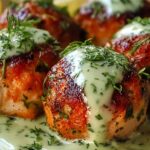 Salmon balls with creamy avocado sauce served on white plate with fresh herbs