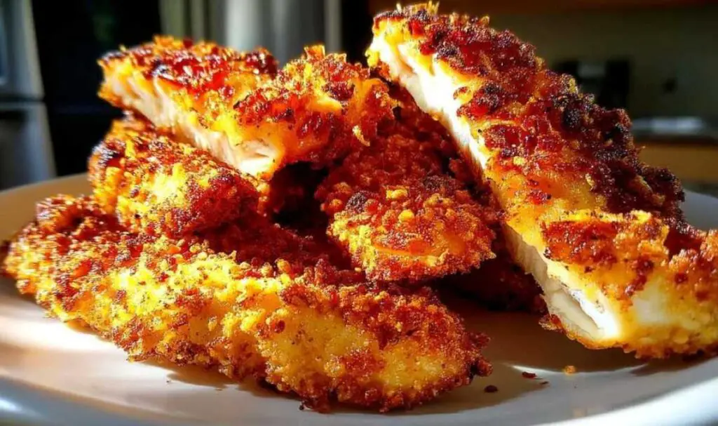 Golden crispy air fryer chicken tenders on white plate with dipping sauce