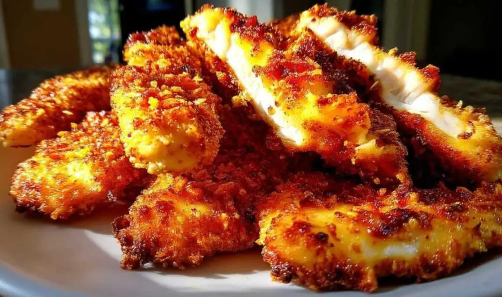 Air fryer basket with cooked chicken tenders showing crispy texture