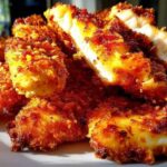 Air fryer basket with cooked chicken tenders showing crispy texture