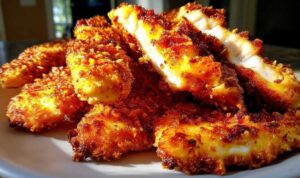 Air fryer basket with cooked chicken tenders showing crispy texture