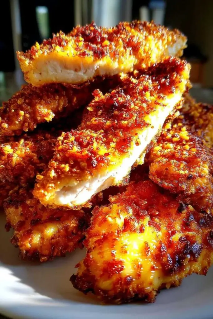 Air fryer basket with cooked chicken tenders showing crispy texture