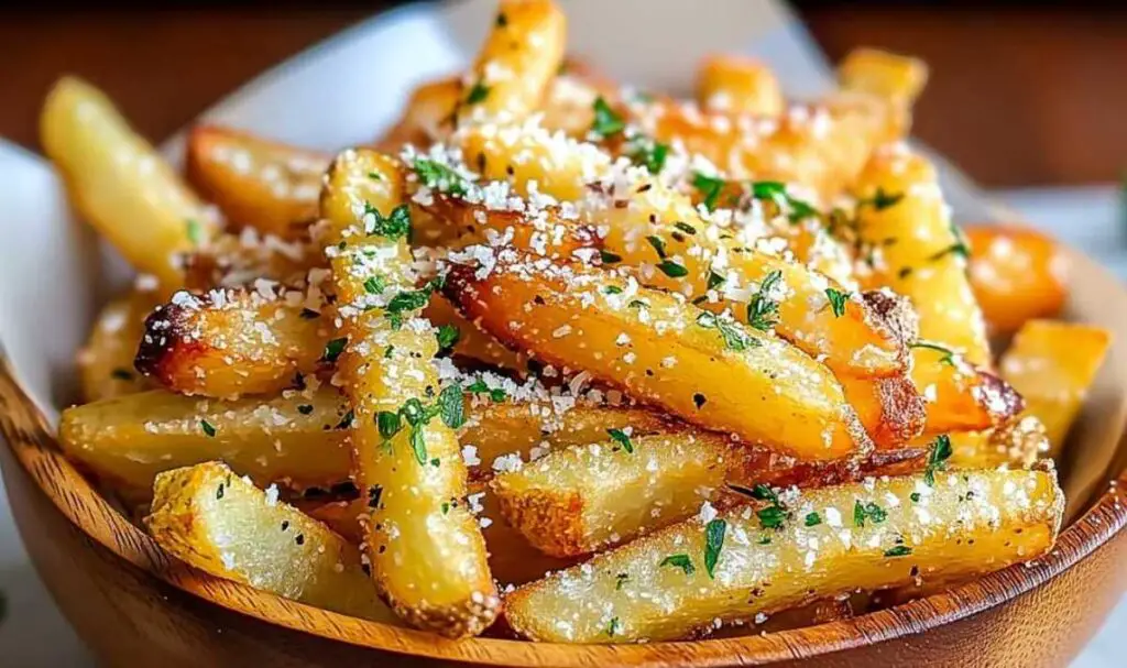 Raw potato strips seasoned with garlic and oil in air fryer basket for garlic parmesan fries