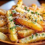 Raw potato strips seasoned with garlic and oil in air fryer basket for garlic parmesan fries
