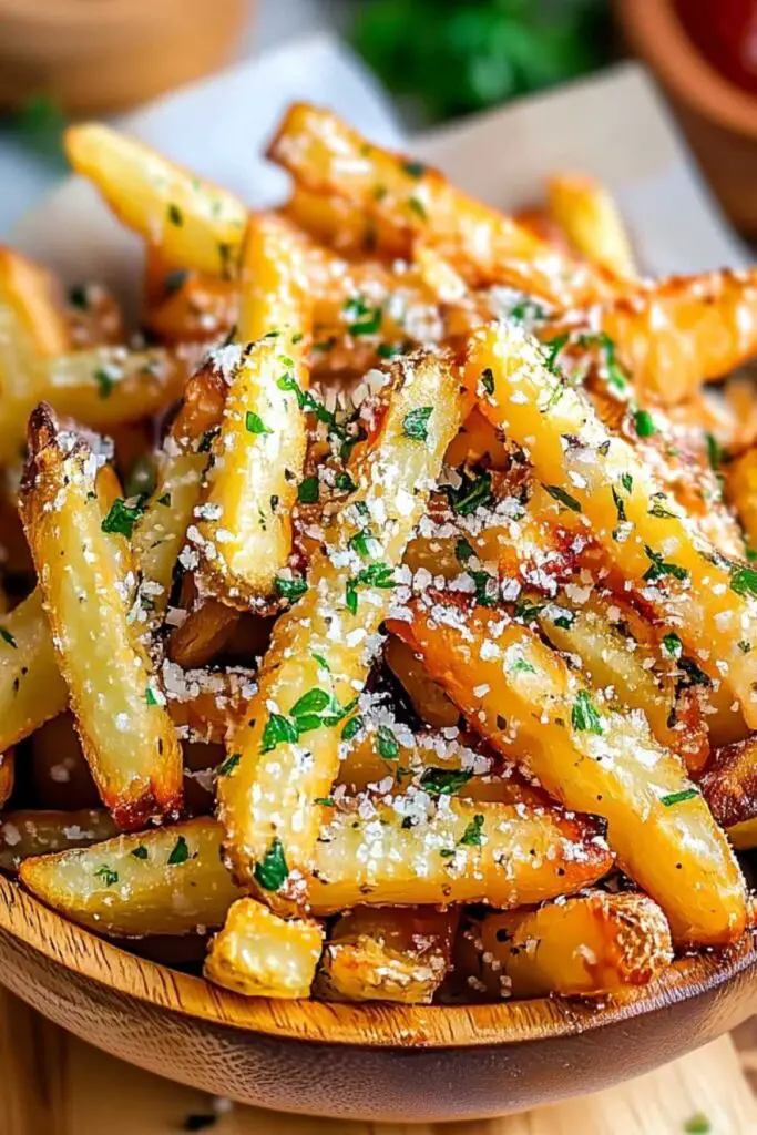 Golden crispy air fryer garlic parmesan fries being removed from air fryer basket