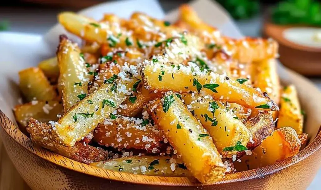Finished air fryer garlic parmesan fries topped with fresh grated parmesan cheese
