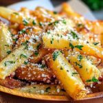 Finished air fryer garlic parmesan fries topped with fresh grated parmesan cheese