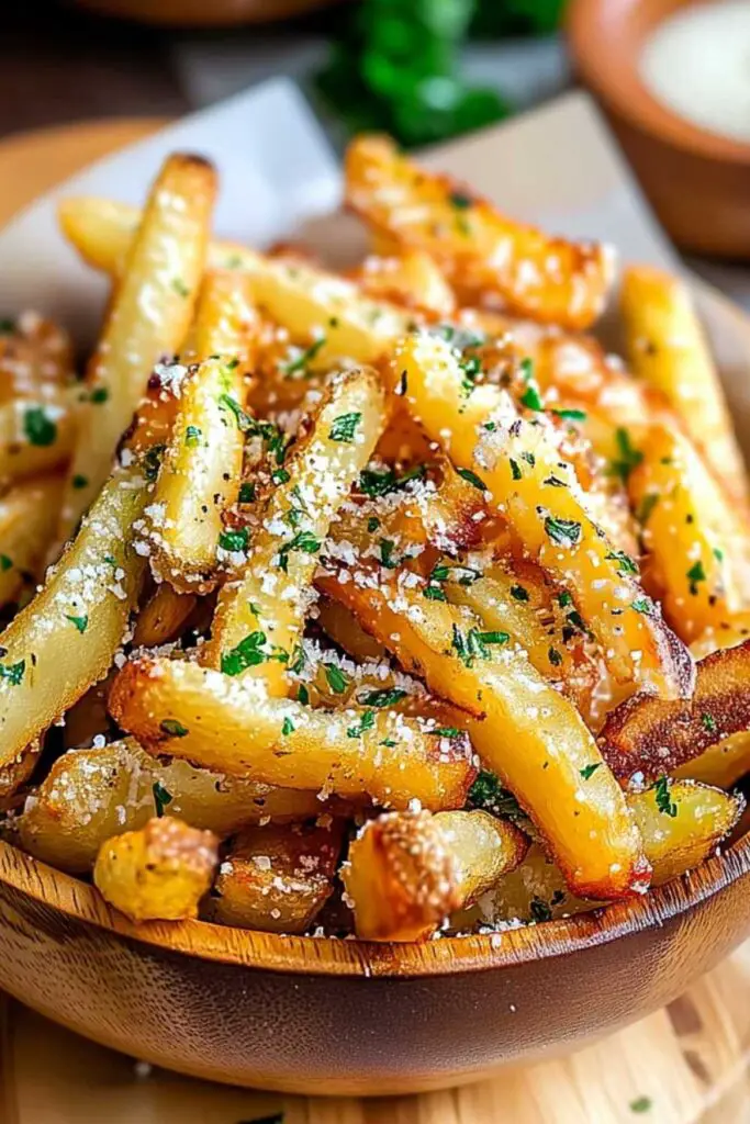 Finished air fryer garlic parmesan fries topped with fresh grated parmesan cheese