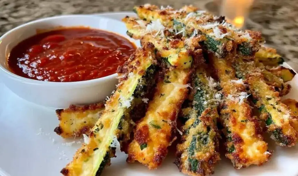 Crispy golden air fryer zucchini fries on white plate with marinara sauce
