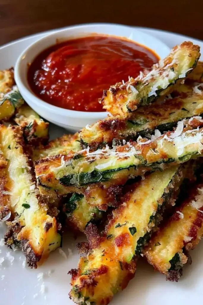 Zucchini strips being coated in breadcrumb mixture for air fryer recipe