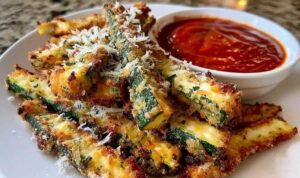 Air fryer zucchini fries served as healthy side dish with dipping sauce