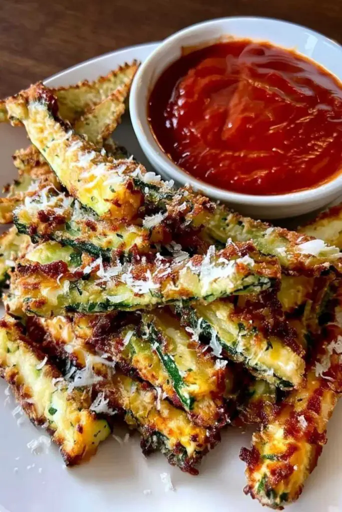 Air fryer zucchini fries served as healthy side dish with dipping sauce