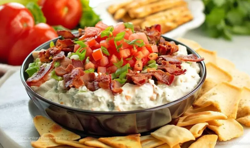 Creamy BLT dip topped with crispy bacon, diced tomatoes, and fresh lettuce in white serving bowl