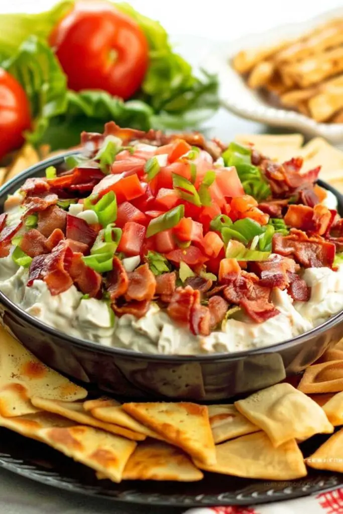 BLT dip ingredients including bacon, cream cheese, tomatoes, lettuce, and ranch seasoning on marble counter