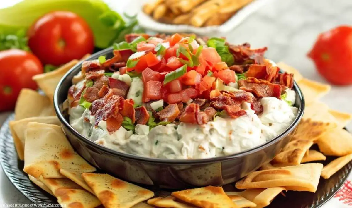 Mixing creamy BLT dip base with electric mixer in glass bowl showing smooth texture