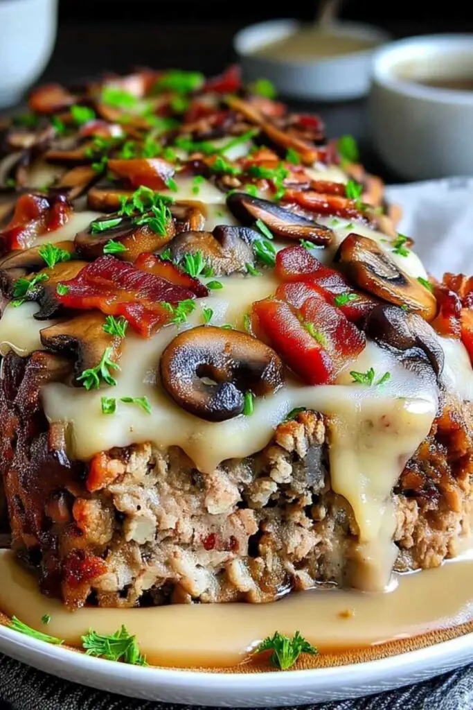 Raw bacon mushroom swiss cheese meatloaf mixture in large mixing bowl before baking