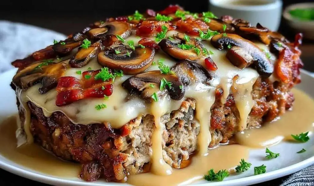 Bacon mushroom swiss cheese meatloaf with brown sugar glaze baking in oven