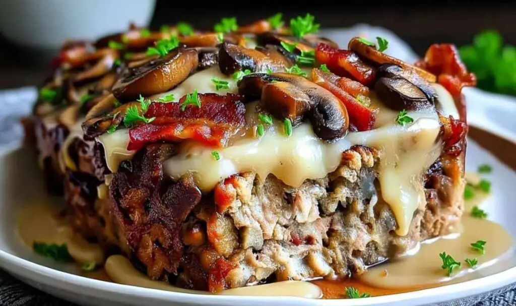 Bacon mushroom swiss cheese meatloaf with brown sugar glaze baking in oven