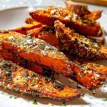 Raw sweet potato wedges cut evenly before coating with garlic parmesan mixture