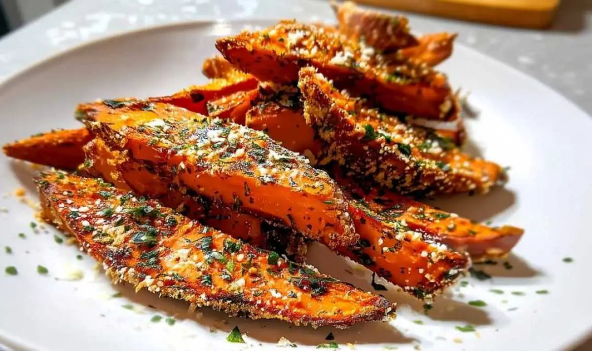 Raw sweet potato wedges cut evenly before coating with garlic parmesan mixture