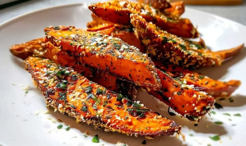 Golden brown baked garlic parmesan sweet potato wedges served on white plate with dipping sauce