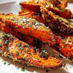 Golden brown baked garlic parmesan sweet potato wedges served on white plate with dipping sauce