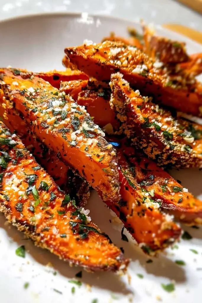 Golden brown baked garlic parmesan sweet potato wedges served on white plate with dipping sauce