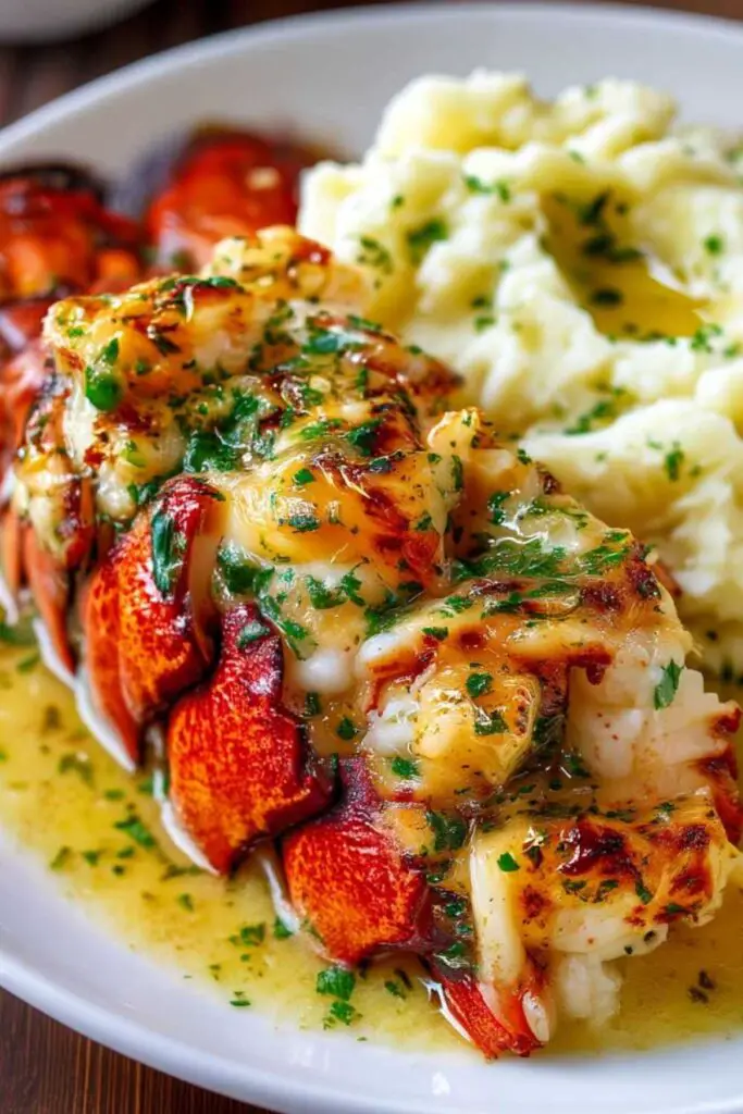 Baked lobster tails with garlic herb butter sauce served with mashed potatoes on white plate