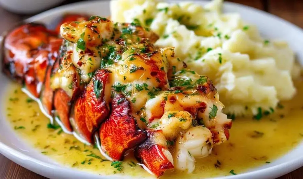 Elegant plated baked lobster tails with garlic herb butter and mashed potatoes ready to serve