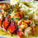 Elegant plated baked lobster tails with garlic herb butter and mashed potatoes ready to serve