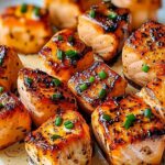 Bang Bang Salmon Bites served on white plate with green onions and sesame seeds