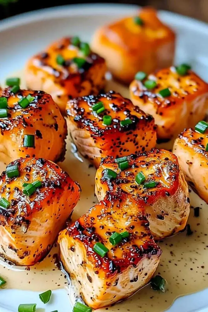 Salmon cubes cooking in skillet for Bang Bang Salmon Bites recipe