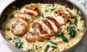 Boursin orzo with chicken ingredients including Boursin cheese, orzo pasta, and chicken breasts
