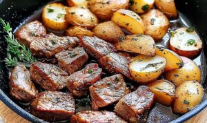 Butter steak bites with garlic herb potatoes served on white plate with fresh herbs