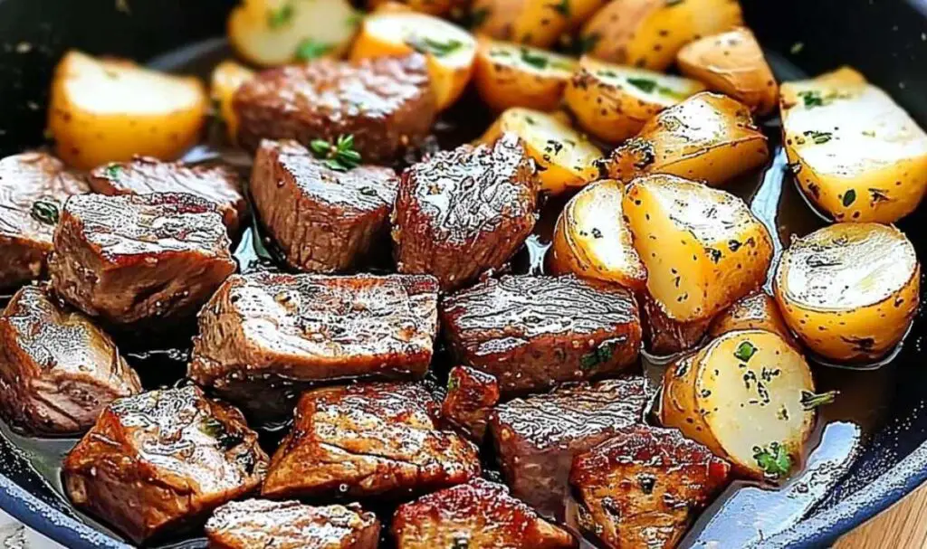 Fresh ingredients for butter steak bites with garlic herb potatoes recipe