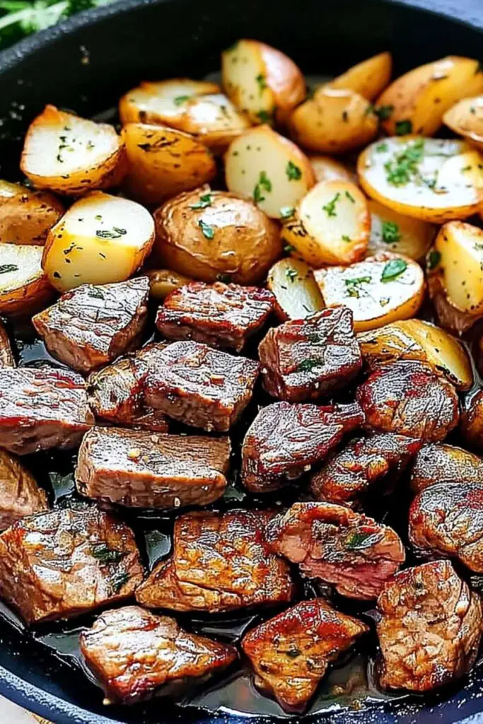 Fresh ingredients for butter steak bites with garlic herb potatoes recipe
