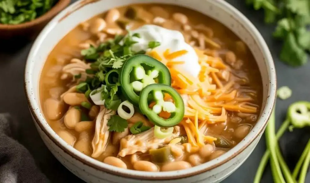 Cajun White Chicken Chili served in blue bowls with cilantro and sour cream garnish