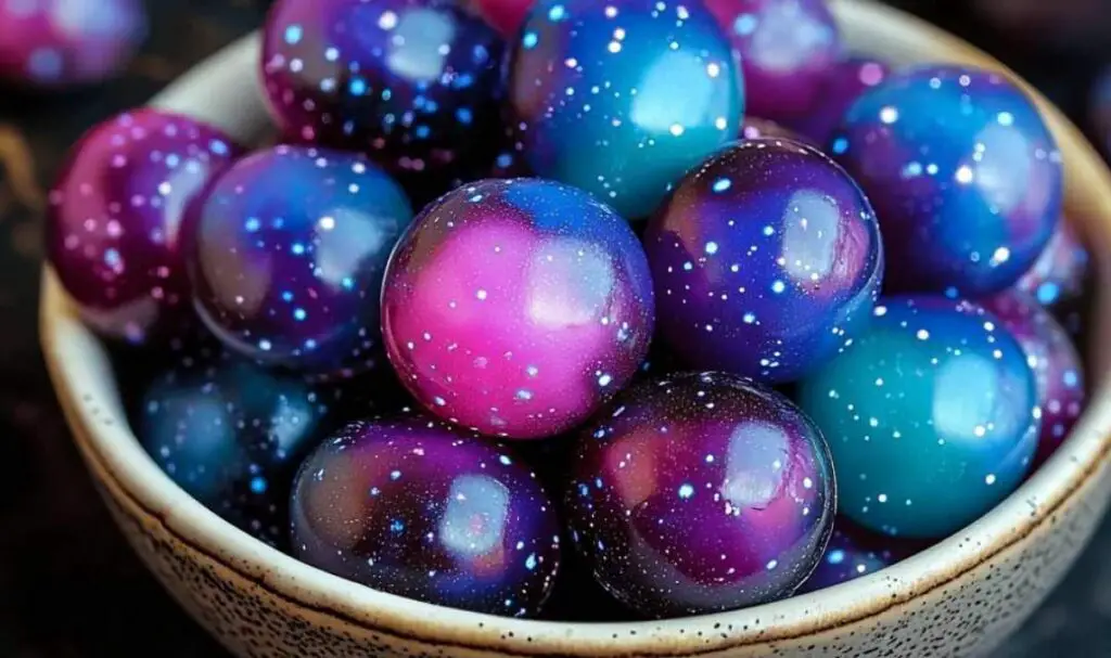 Making candy grapes galaxy grapes with colorful syrup coating in home kitchen