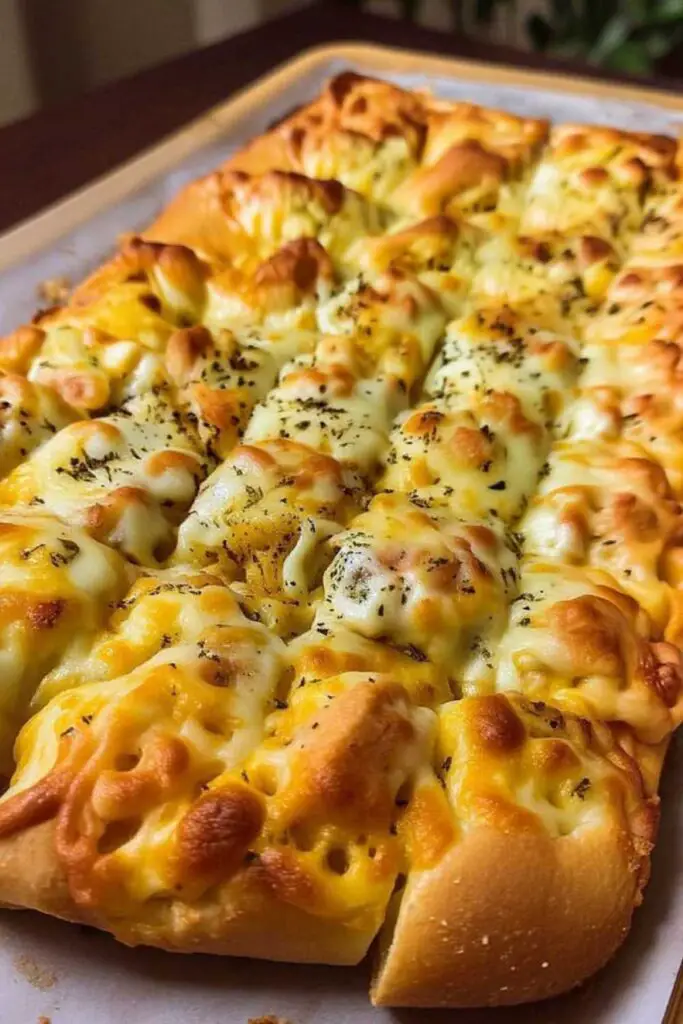 Golden baked cheesy garlic breadsticks fresh from the oven with melted mozzarella cheese
